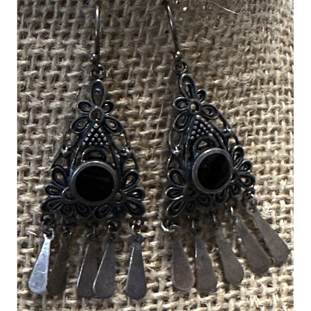 Vtg Sterling 925 silver filigree earrings with obsidian teardrop fringe Tassel